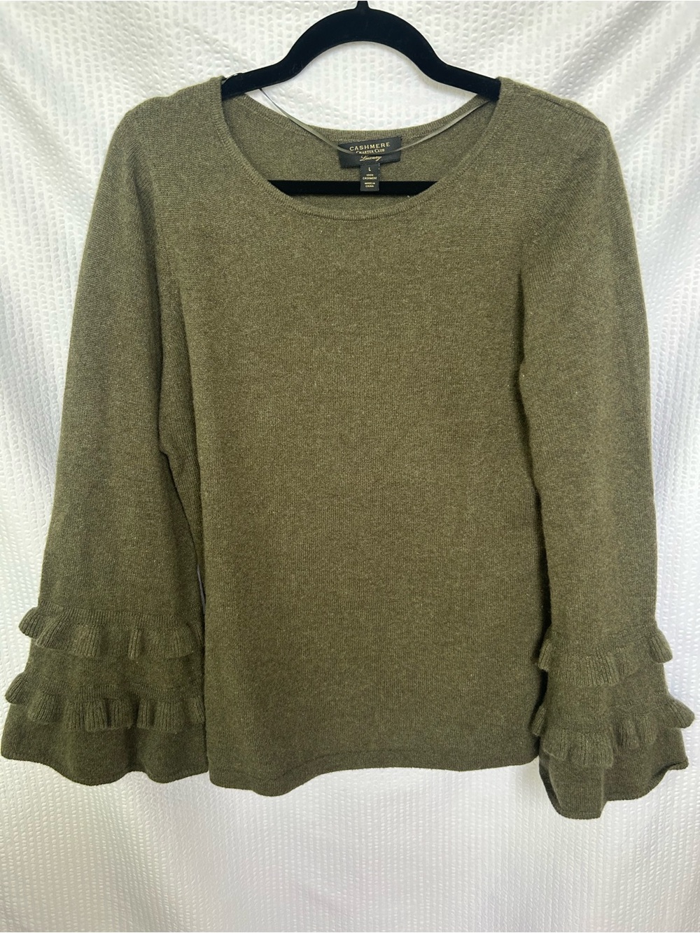 100% Cashmere Charter Club Ruffle Sleeve Sweater in Green Size Large